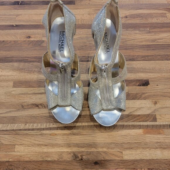 Michael Kors Berkley 4” High Heel Metallic Front Zip Sparkling Gladiator Sandals - Picture 5 of 13